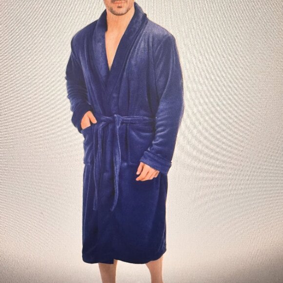 Merona NWOT Men's Shawl Collar Fleece Bathrobe Long Spa Robe, Small-Medium Navy - Picture 1 of 6